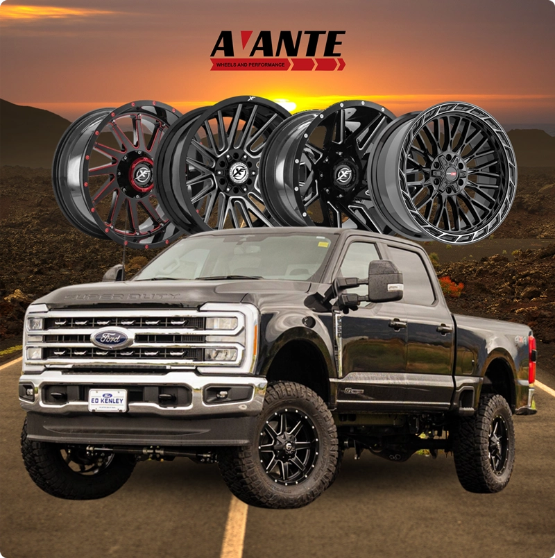 A Ford truck driving on the road, showcasing its wheels and tires in motion.